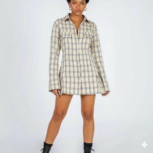 NEW LIONESS "Cover Girl" Mini Long Sleeve Shirtdress Plaid Black/Cream Size XXL